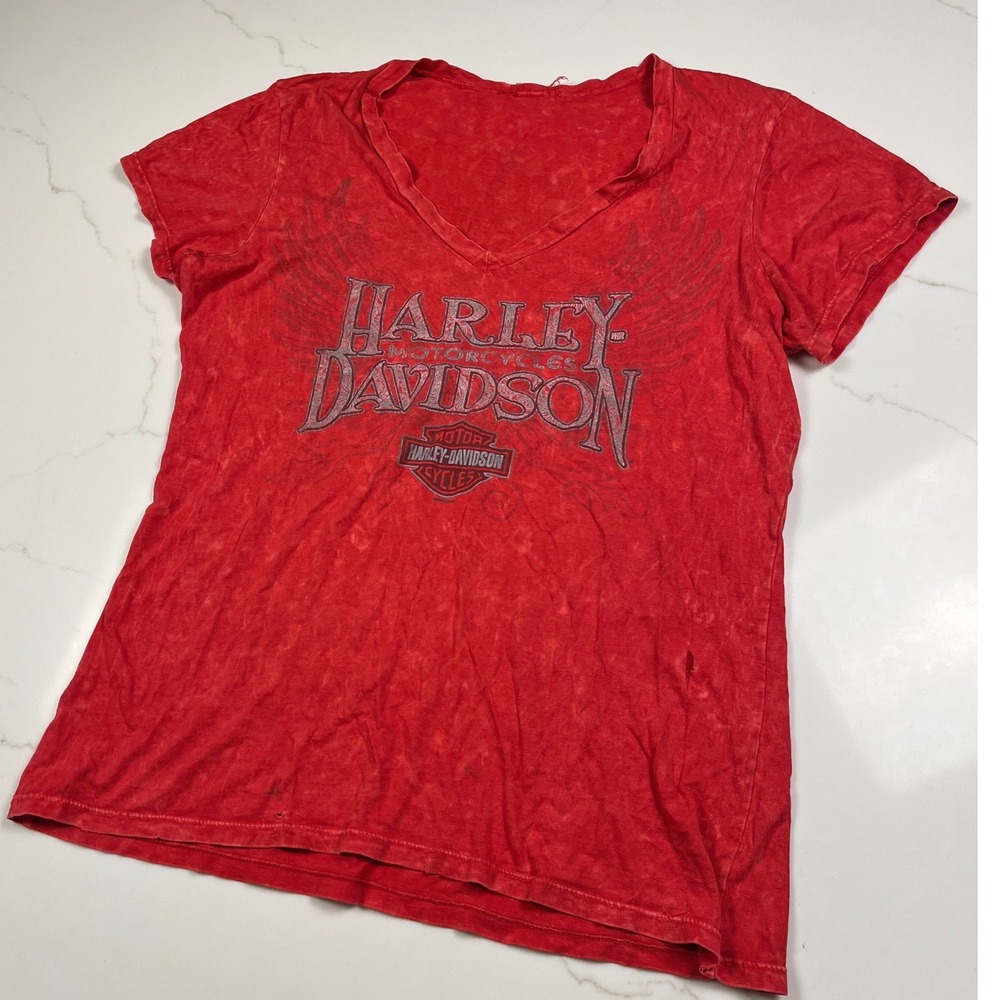 Harley Davidson T-Shirt Womens Red Acid Wash Key West Florida V-Neck Graphic Tee